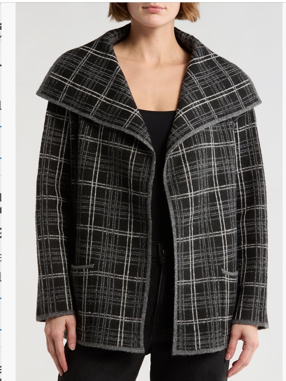 🎩 MAX STUDIO || Black & Gray Plaid Open-Front Jacket